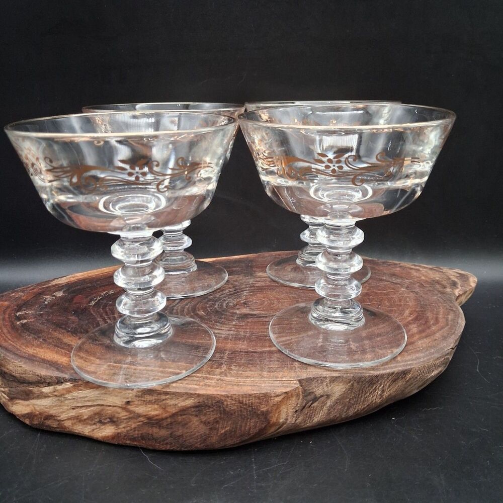 Vintage Javit Champagne Coupe Glasses Set 4 Gold Rim Floral Design MCM